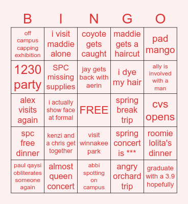 semester bingo! Bingo Card