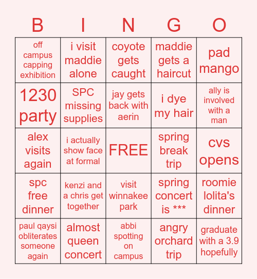 semester bingo! Bingo Card