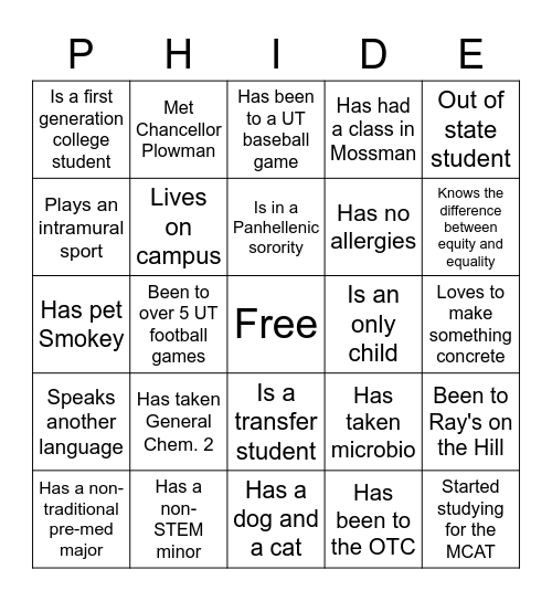 PhiDE Bingo Card