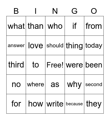 Sight words Bingo Card