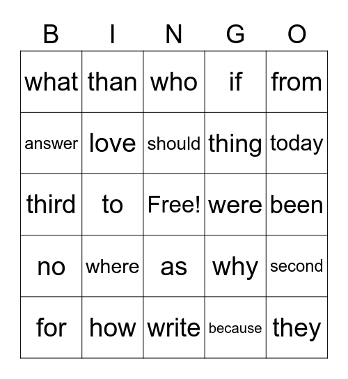 Sight words Bingo Card