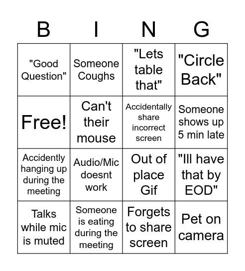 Gordon Bingo Card