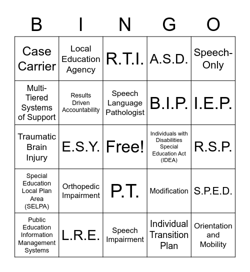 Special Education Terminology Bingo Card