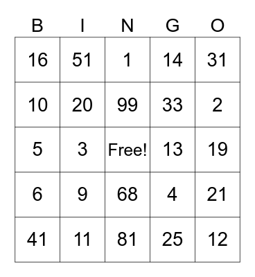 ASL NUMBER BINGO Card