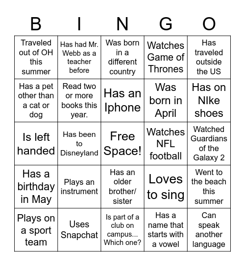 Find Someone In This Class Who... Bingo Card