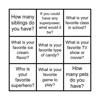 Question Bingo for Elementary Students Bingo Card