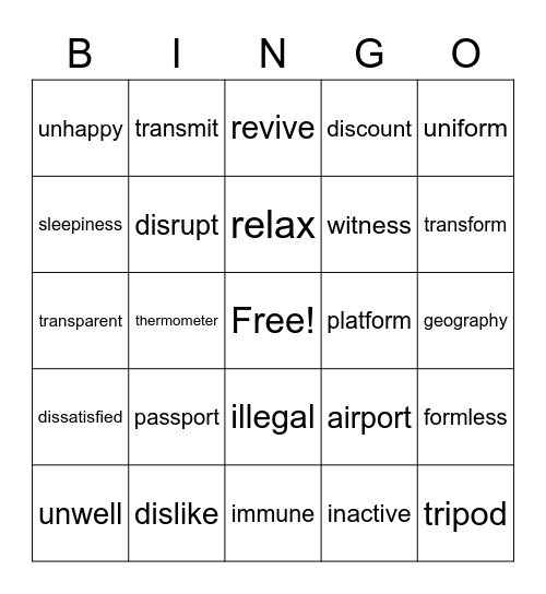 Morpheme Bingo Card