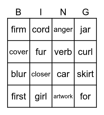 r controlled vowel Bingo Card