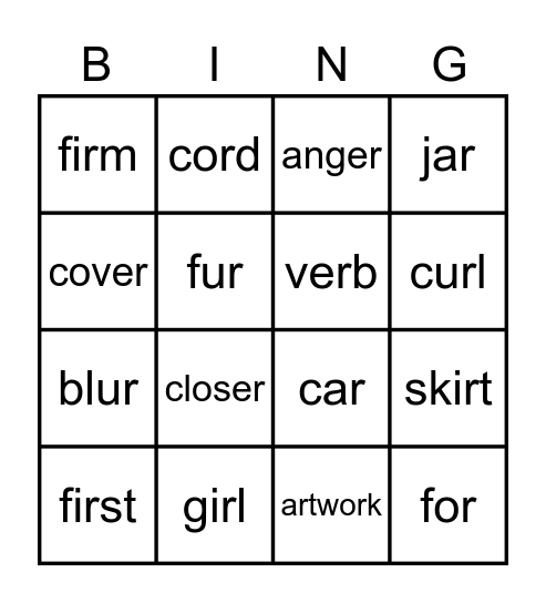 r controlled vowel Bingo Card