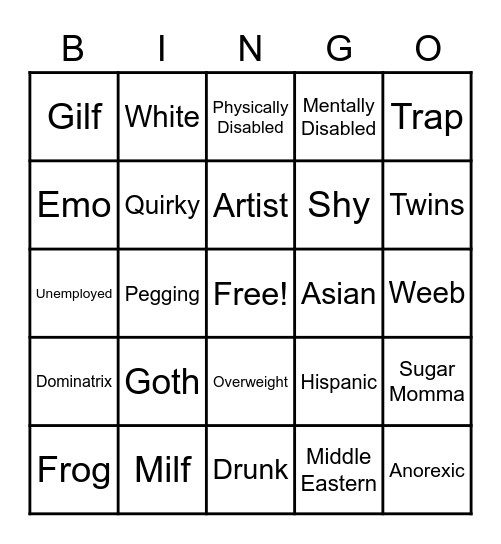 Whore Bingo Card