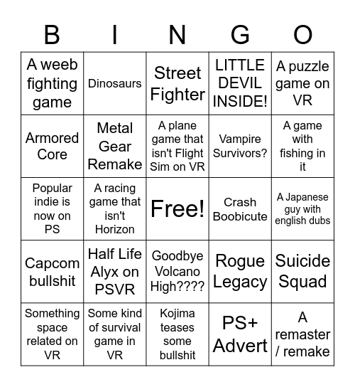 Playstation State of Despair Bingo Card