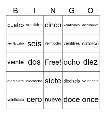 Los Numeros 1-29 Bingo Card
