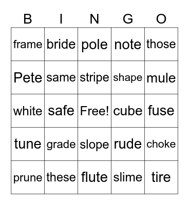 long vowel cvce Bingo Card