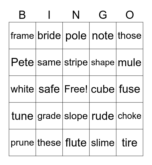 long vowel cvce Bingo Card