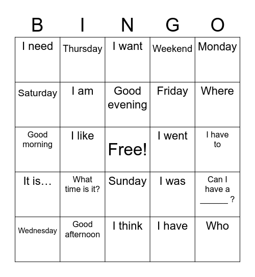 Phrases for Quiz: Monday, February 27!!!!! Bingo Card