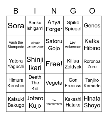 Anime Character Bingo Card