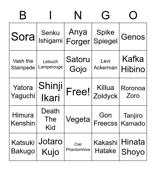 Anime Character Bingo Card
