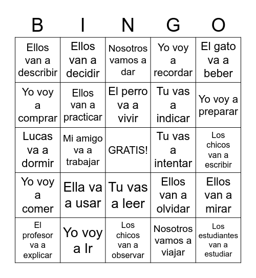 Future tense bingo Card