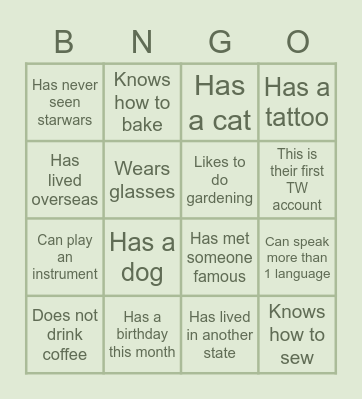 Ice breaker Bingo Card