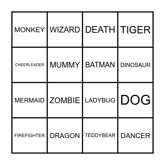 COSTUMES Bingo Card