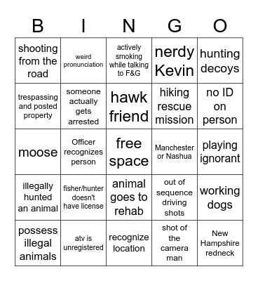 North Woods Law Bingo Card