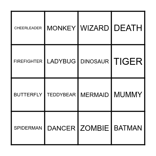 COSTUMES Bingo Card