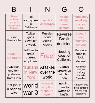 End of the world Bingo Card