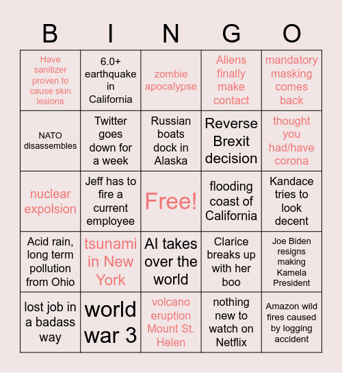 End of the world Bingo Card