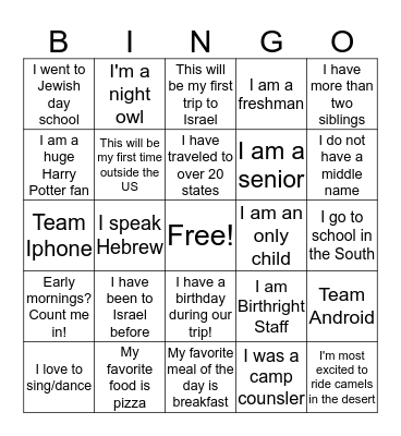 Birthright Human Bingo Card