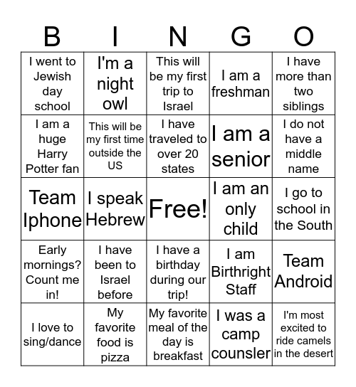 Birthright Human Bingo Card