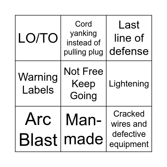 Arc Flash Bingo Card