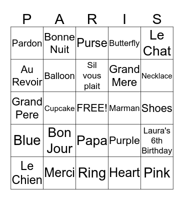 An Afternoon in Paris Bingo Card