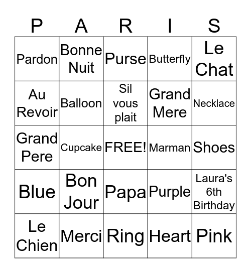 An Afternoon in Paris Bingo Card