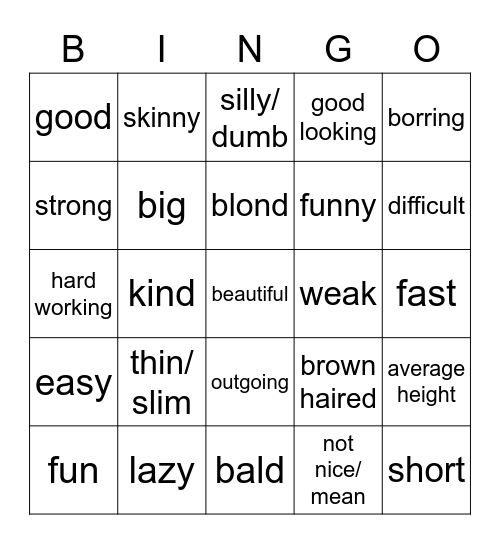 Sp 9 Adjectives Bingo Card