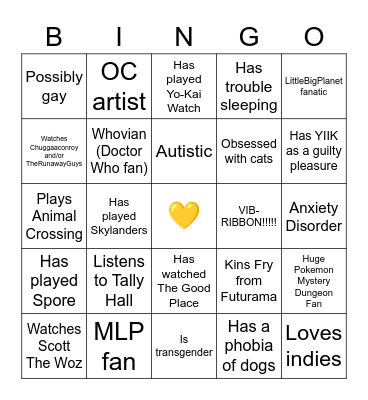 SkyKid kinnie bingo Card