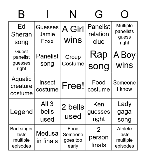 Masked Singer Season 9 Bingo Card