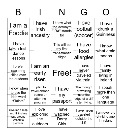 Ireland Study Abroad Bingo Card