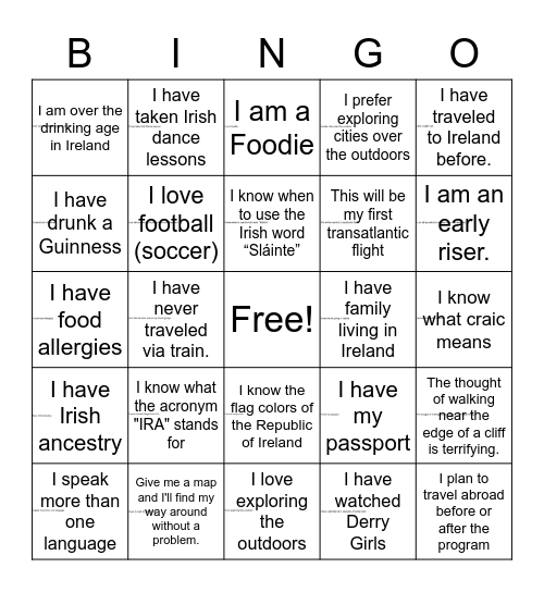 Ireland Study Abroad Bingo Card