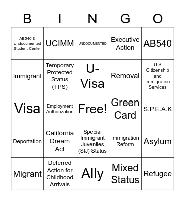 AB540 & Undocumented Student Center Bingo Card