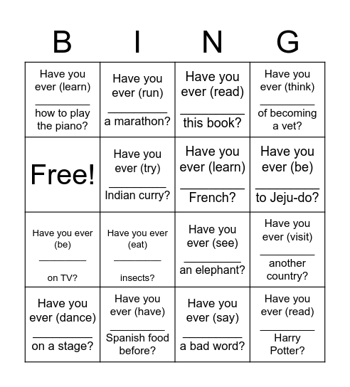 Have you ever (past participle) Bingo Card