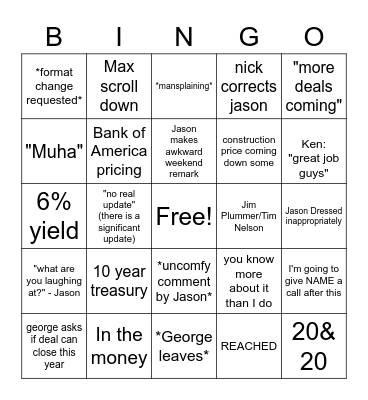 Bond Call Bingo Card