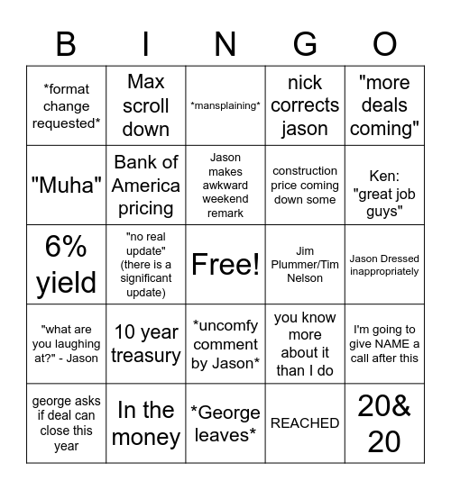 Bond Call Bingo Card