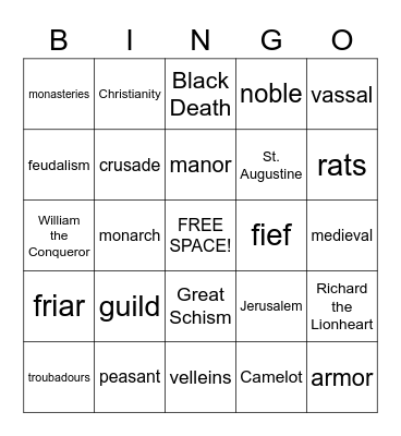 Middle Ages Bingo Card