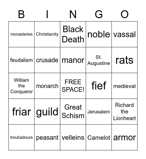 Middle Ages Bingo Card