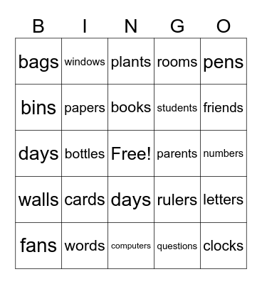 PLURAL NOUNS Bingo Card