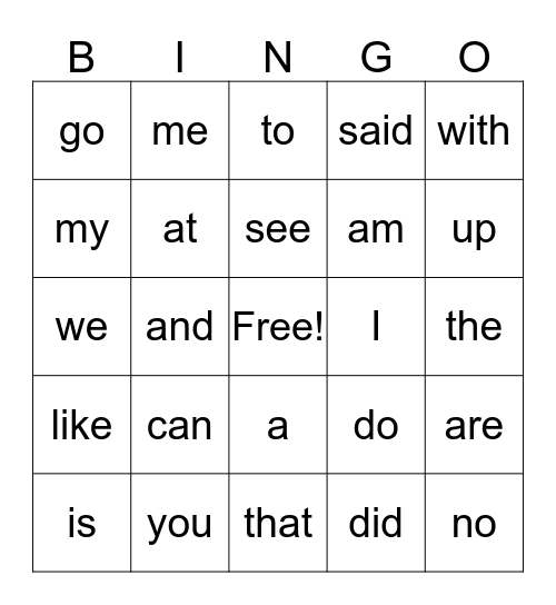 First Grade Words Bingo Card