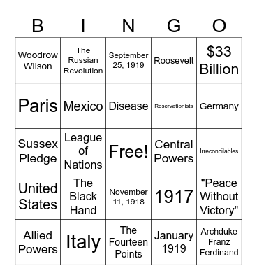 WWI Military and Diplomacy Bingo Card
