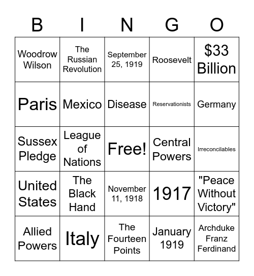 WWI Military and Diplomacy Bingo Card