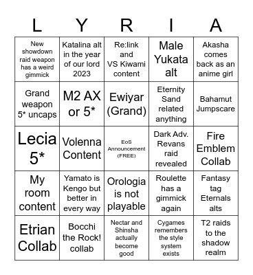 Emm's GBF Anni 2023 cope zone Bingo Card