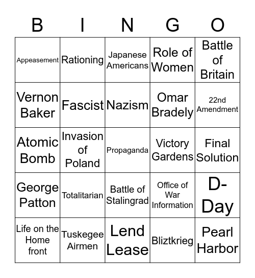 World War II Review  Bingo Card
